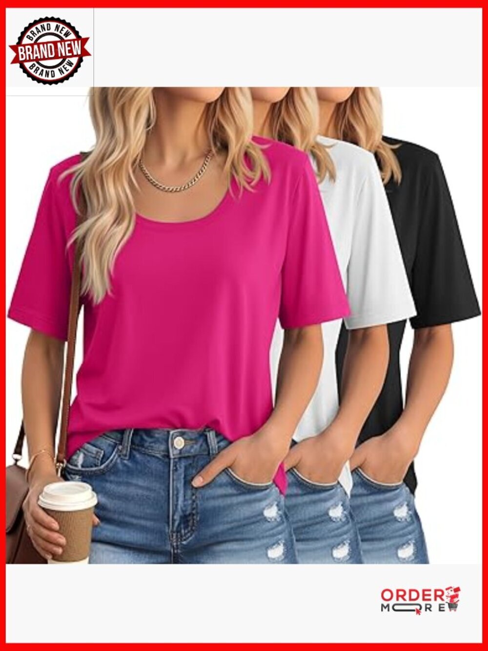 Scoop Neck Elbow Length Half Sleeve T-Shirt Women 3 Pack Loose Fit Tee
